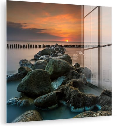 MuchoWow® Glasschilderij 20x20 cm - Schilderij acrylglas - Zee - Zon - Stenen - Foto op glas - Muurdecoratie woonkamer - Wanddecoratie slaapkamer - Schilderijen