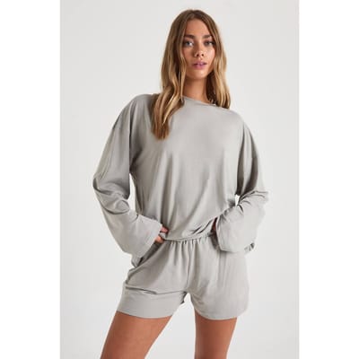 boohoo Dames Modal Oversized Lange Mouw Top & Shorts Pyjama Set | Grey | Maat: 8