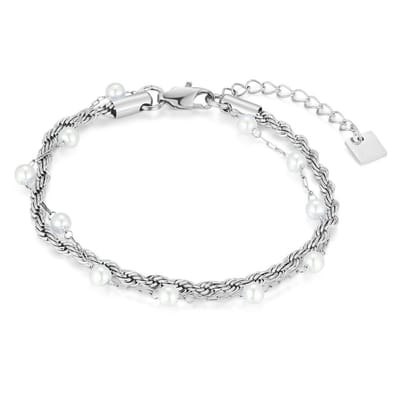 Twice As Nice Armband in edelstaal, dubbel met parels 16cm+3cm