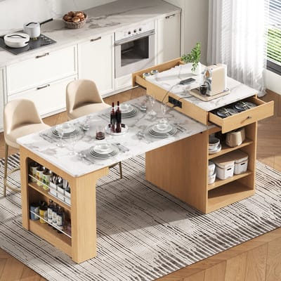 Keukeneiland - Uitschuifbare Tafel 71-151 Cm Met Wielen, Stopcontact En Opbergruimte - Natuurlijke Houtlook Met Marmeren Blad - Bar/Buffet Voor Keuken En Eetkamer