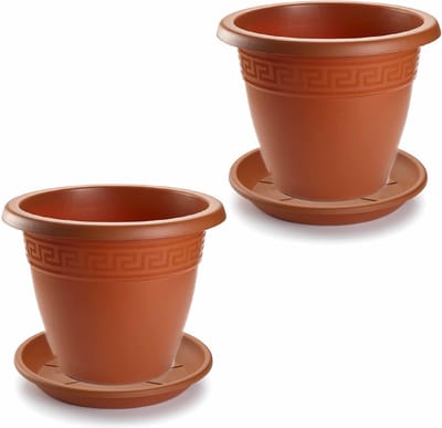 3x stuks bloempotten met onder opvangschaal in terra cotta kleur - rond diameter 35 cm - Plantenpotten/bakken