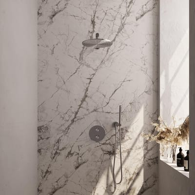 Brauer Brushed Edition thermostatische inbouw regendouche 3-weg rond SET 74 met 30 cm douchekop en rechte muurarm en staaf handdouche en doucheslang en wandaansluitbocht RVS geborsteld PVD