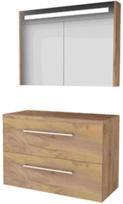 Basic-Line Premium 46 Badkamermeubelset - 100 x 46 cm - Met Grepen - 2 Lades - Wastafelblad - Spiegelkast met LED Verlichting - Whisky Oak