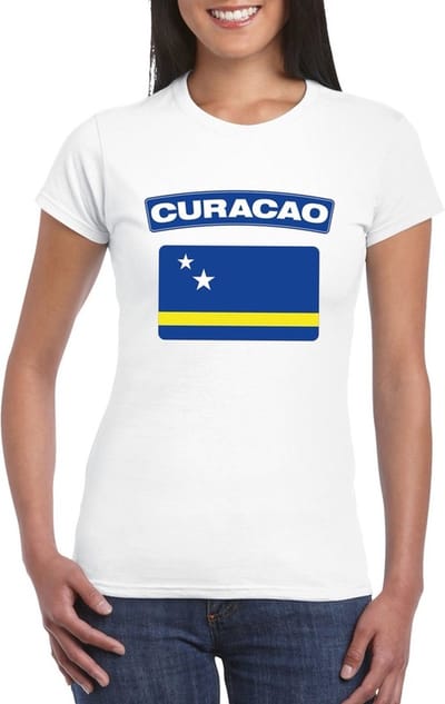 Vlag Curacao t-shirt - wit - met vlag van het land print - voor dames - korte mouwen - supporters S