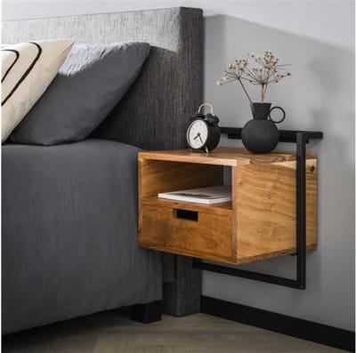 Nachtkastje Open Air Solid Massief Acaciahout met Open Vak en Lade - Hangend Design voor Moderne Slaapkamers - 44x35x45 cm - Zwevend nachtkastje