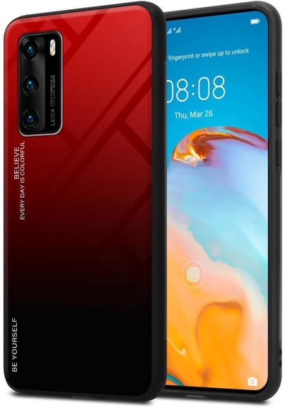 Cadorabo Hoesje geschikt voor Huawei P40 in ROOD - ZWART - Tweekleurige beschermhoes van TPU-silicone Case Cover en achterzijde van gehard glas