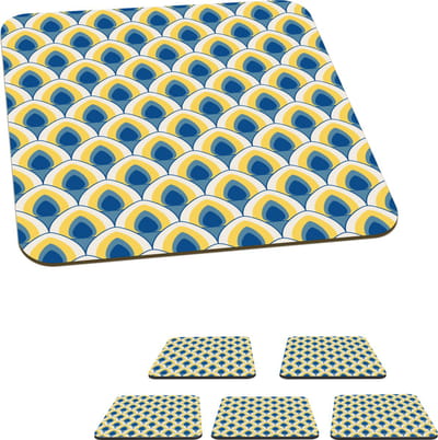 Onderzetters voor glazen - Design - Patroon - Retro - Geel - Blauw - 10x10 cm - Glasonderzetters - 6 stuks