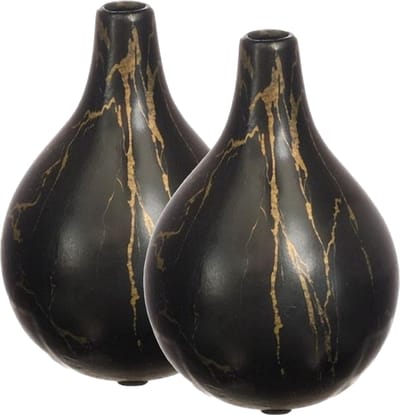 Idea4seasons Bloemenvaas Dazzle - 2x - marmer look - Zwart/goud - Keramiek - D12 cm x H18 cm - vaas