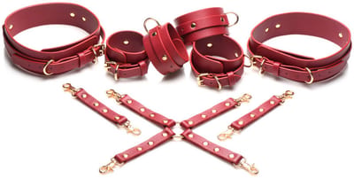 crimson captive - dijbeen, pols en enkel hog tie beperkingen - rood