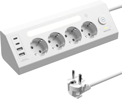 SnelShoppen - 4-Way Socket met USB A, USB C, 90° Hoek, Schakelaar, Wandmontage, LED, 1.8 m Kabel, Ideaal voor Keuken en Thuiswerkplek