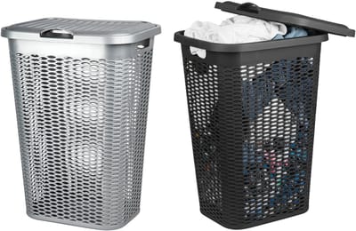 Wasmand Ventilation - met deksel - 2x stuks - zwart en zilver - 50 liter - 61 x 43 cm