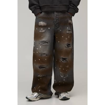 Super Baggy Jeans Met Verfspetters, Distressed En Scheuren | Washed Charcoal | Size 28