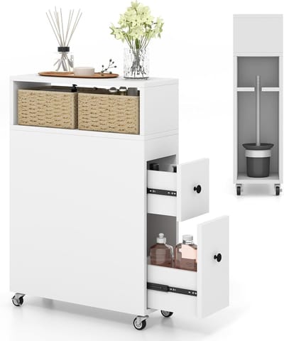 COSTWAY Niswagen met wieltjes, laden, rieten manden en borstelhouders, badkamerkast smal, toiletkast vrijstaand, niskast voor badkamer, keuken, 50 x 19 x 72 cm (wit)