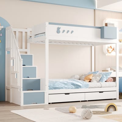 Wishdor Stapelbed 90x200 cm - Konijnen- & Wortelmotief - Opbergladder & Lades - Wit/Blauw Hout - Schattig & Compleet