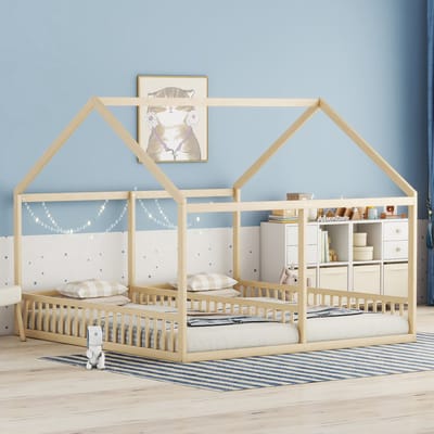 Wishdor – 2-in-1 Kinderbed 90x200 cm – Huisbed met Dak & Middenhek – Gezellig & Veilig – Grenen & MDF – Naturel