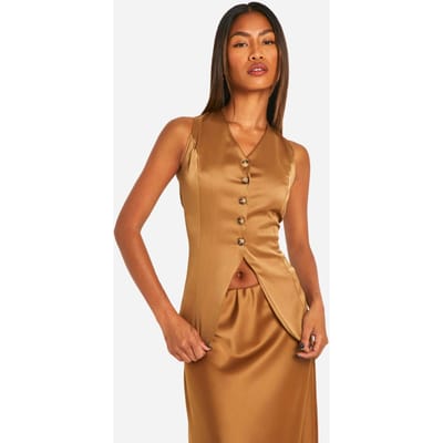 boohoo Dames Fluid Premium Satijn Longline Gilet | Mocha | Maat: 8
