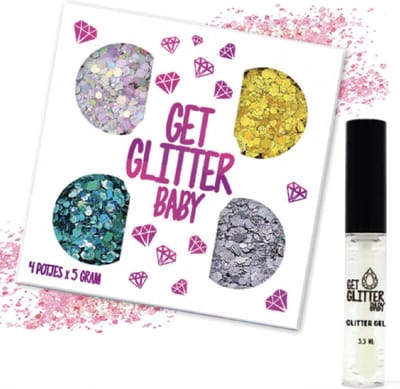 GetGlitterBaby® - 4 Potjes Glitter Set Chunky Festival Glitters voor Lichaam en Gezicht Glitterset Tattoo / Face Body Glitterlijm Set / Bio Biologische Biodegradable Gel Glittergel - en Glitter Lijm HuidLijm Zilver / Goud / Blauw / Groen / Zwart