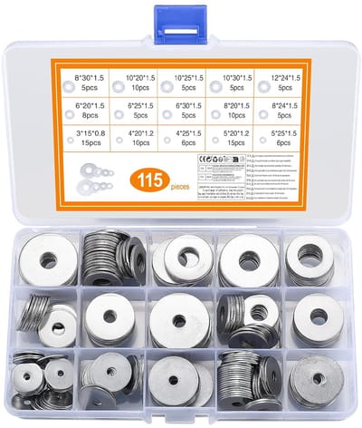 Famanu – Grote platte sluitringen assortiment 115 stuks roestvrij staal 15 maten M3 tot M12