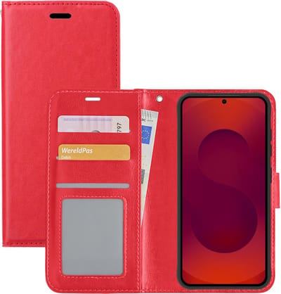 Hoesje - Met Pasjeshouder - Geschikt voor Samsung Galaxy S25 - Luxe Bookcase Portemonee - Flip Case - Kunstleer Book Case - Flipcase - Book Cover - Walletcase - Portemonneehoes - Rood