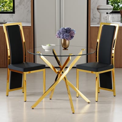 OKWISH Eethoekset 88 Cm - Ronde Eettafel Met 2 Stoelen - Voor Kleine Ruimtes - Glas, Metaal En Kunstleer - Zwart Goud