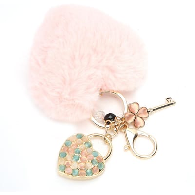 Hartvormige Pluizige Pluche Bal Sleutelhanger Hanger Handtas Decoraties voor Meisjes Vrouwen(Roze Kleurrijk ) white