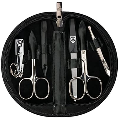 Zwart 6-delig manicure set met etui - nagelschaartje, nagelknipper, saffier nagelvijl, pincet en nagelreiniger