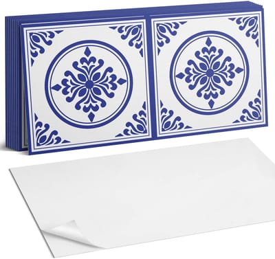 Coloray Plaktegels - Patroon met cirkels en bloemen Zelfklevende Wandtegels - 40 cm x 20 cm - Blauw Plaktegels - 10 stuks - Rechthoek PVC Tegels - Plaktegels Badkamer - Vloertegels Zelfklevend - Vinyltegels Vloer Zelfklevend - Portugese Tegels