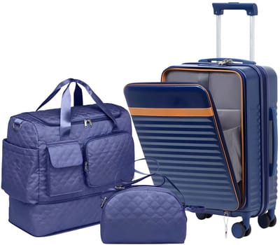 Bagagekoffer – Voor reizen en dagelijks gebruik – Uitbreidbaar met multifunctionele tas en kleine crossbodytas – Donkerblauw, duurzaam materiaal (ca. 51 cm)