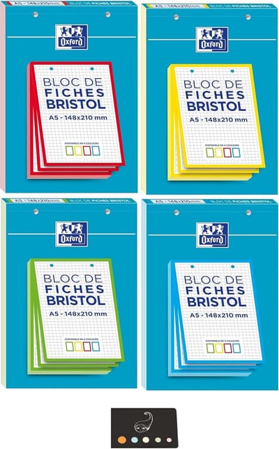 A5 blokken set 4 stuks 120 vel Bristol 210 g/m² ruitjes wit losperforatie 2 gaten kleurrijk rand