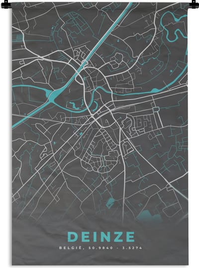 Wandkleed - Wanddoek - Plattegrond – Deinze – Blauw – Stadskaart - Kaart - 120x180 cm - Wandtapijt