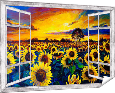 Gards Tuinposter Doorkijk Getekende Zonnebloemen Veld met Olieverf - 180x120 cm - Tuindoek - Tuindecoratie - Wanddecoratie buiten - Tuinschilderij