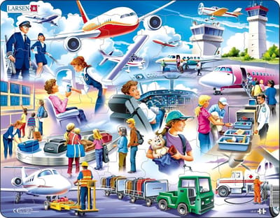 Larsen Het vliegveld – Puzzel – Voertuigen & Techniek – Luchtvaart – Educatieve legpuzzel voor kinderen – 42 stukjes – Gemaakt in Noorwegen – Extra dikke 2,5 mm stukjes – Tray met vaste rand