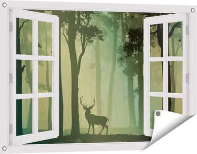 Gards Tuinposter Doorkijk Hert in het Bos - Silhouet - 90x60 cm - Tuindoek - Tuindecoratie - Wanddecoratie buiten - Tuinschilderij