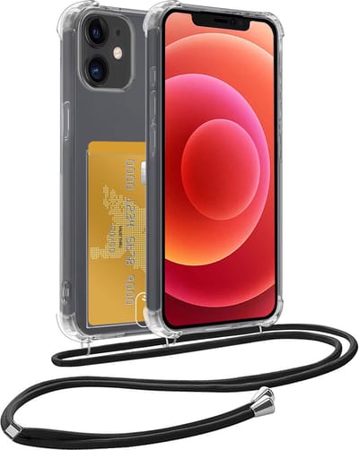 Hoes Geschikt voor iPhone 12 Hoesje Pas Houder Shock Proof Case Hoes Met Koord - Hoesje Geschikt voor iPhone 12 Hoes Met Telefoonkoord Pasjeshouder Cover - Transparant