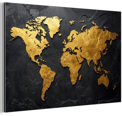 Aluminium schilderij 180x120 cm - Wanddecoratie metaal - Wereldkaart - Goud - Steen - Metalen muurdecoratie woonkamer - Decoratie industrieel - Foto op dibond - Industriële accessoires slaapkamer