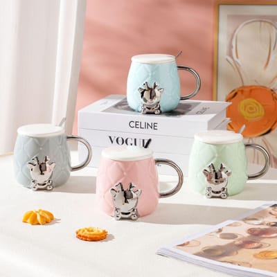 Home Leuke Herten Mok met Deksel Lepel Keramische Kop Hoge Waarde Cartoon Waterkop Klein Meisje Hoge Temperatuurbestendigheid Kop 420ML white