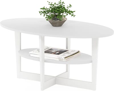 Ovale salontafel - Koffietafel bijzettafel - Woonkamer meubelen - Ingebouwd rek - 50x90x42 cm - Wit