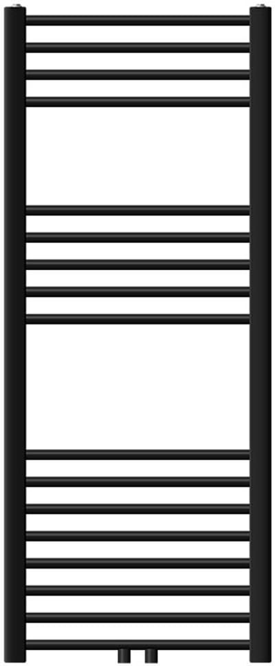 Badkamerradiator met middenaansluiting 500x1200 mm zwart mat gebogen met basisaansluitset LuxeBath