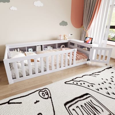 DESMIU Kinderbed 90x200 cm – Met Veiligheidshek En Deurtje – Met Opbergvakken Aan Hoofd- En Zijkant – Voor Kinderkamer – Massief Hout – Wit – Zonder Matras