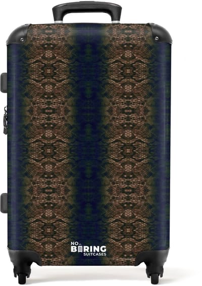 NoBoringSuitcases.com - Grote koffer - Bruin-blauw slangenhuid met symmetrische schubstructuur - Reiskoffer met 4 wielen - Trolley op wieltjes - Rolkoffer groot - 72 liter - Ruimbagage valies 20kg - Valiezen voor volwassenen