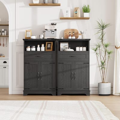 Set van 2 opbergkasten in landhuisstijl – met deuren en lades – Vrijstaande badkamerkast – Multifunctionele opbergkast voor keuken, woonkamer en slaapkamer – 102×60×30 cm – Zwart