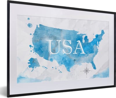 Poster in lijst - Fotolijst 60x40 cm - Posters - Verenigde Staten - Wereldkaart - Waterverf - Posterlijst zwart - Decoratie - Wanddecoratie woonkamer - Muurdecoratie slaapkamer