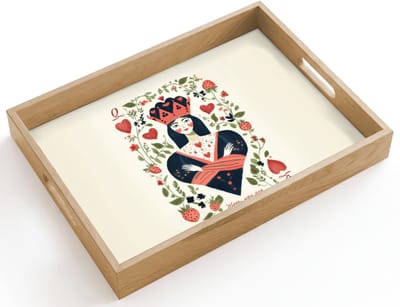 Dienblad hout 40x30 cm - Schootdienblad - Speelkaart - Hartenkoningin - Bloemen - Hartjes - Borrelplank rechthoek - Plateau dienbladen