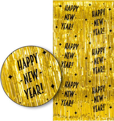 LUQ – Happy New Year Franjes Gordijn – Goud & Zwart Tinsel Curtain 2x1 m – Luxe feestdecoratie voor oudejaars party.