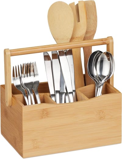 Famanu - Bestekhouder bamboe met handvat, 4 vakken voor bestek en servetten, keuken organizer voor aanrecht en tafel, naturel