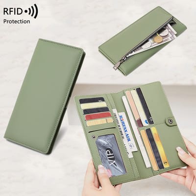 Dames ultradunne portemonnee, opvouwbaar, lange portemonnee van PU-leer met RFID-bescherming, ruime creditcardportemonnee met venster voor identiteitskaart, muntvak met ritssluiting en creditcardhouder. Herenmodel, groen.