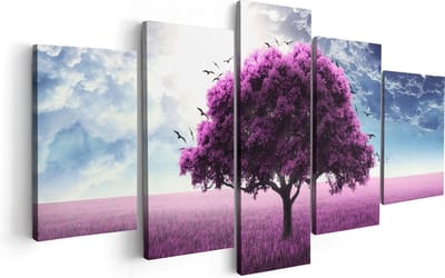Artaza Canvas Schilderij Vijfluik Paarse Boom In Het Paars Veld Met Vogels - 100x50 cm - Wanddecoratie Woonkamer - Schilderijen - Muurdecoratie