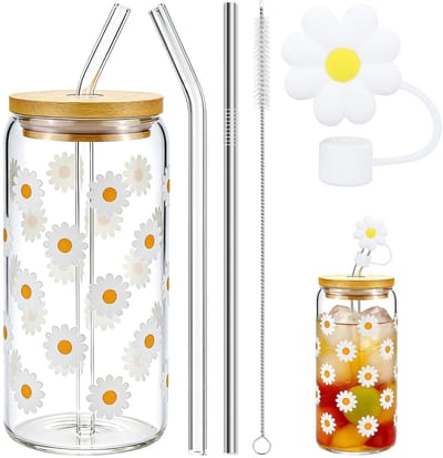 Dailygoods- Drinkglazen 400 ml - Tumbler met Deksel - Glazen Rietje - Bamboedeksel - Madeliefjes - Inclusief Reinigingsborstel