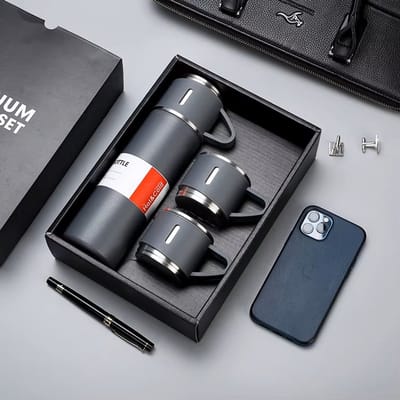 Thermosfles set 3-delig - RVS - Duurzaam, Lekvrij, en Leuk om Cadeau te Doen – Grijs