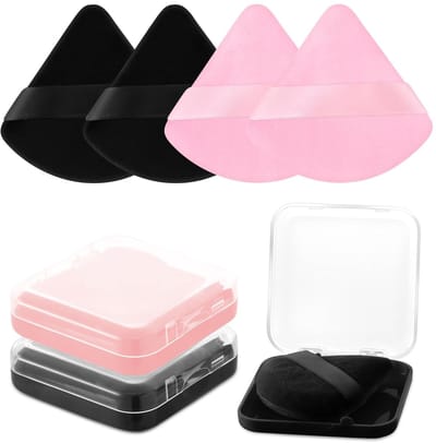 Dailygoods- Poederkwast met 2 reisbehuizingen - Zachte gezichtspoederkwast - Driehoekige make-up puff - Herbruikbaar - Perfect voor alle huidtypes - 7 cm groot - Make-upkwast